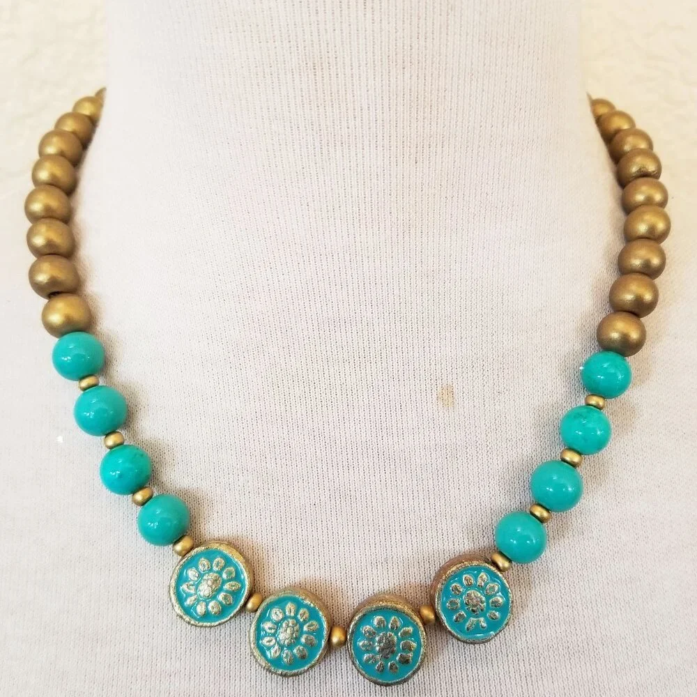 Turquoise Blue Gold Sunflower Metallic Statement Necklace